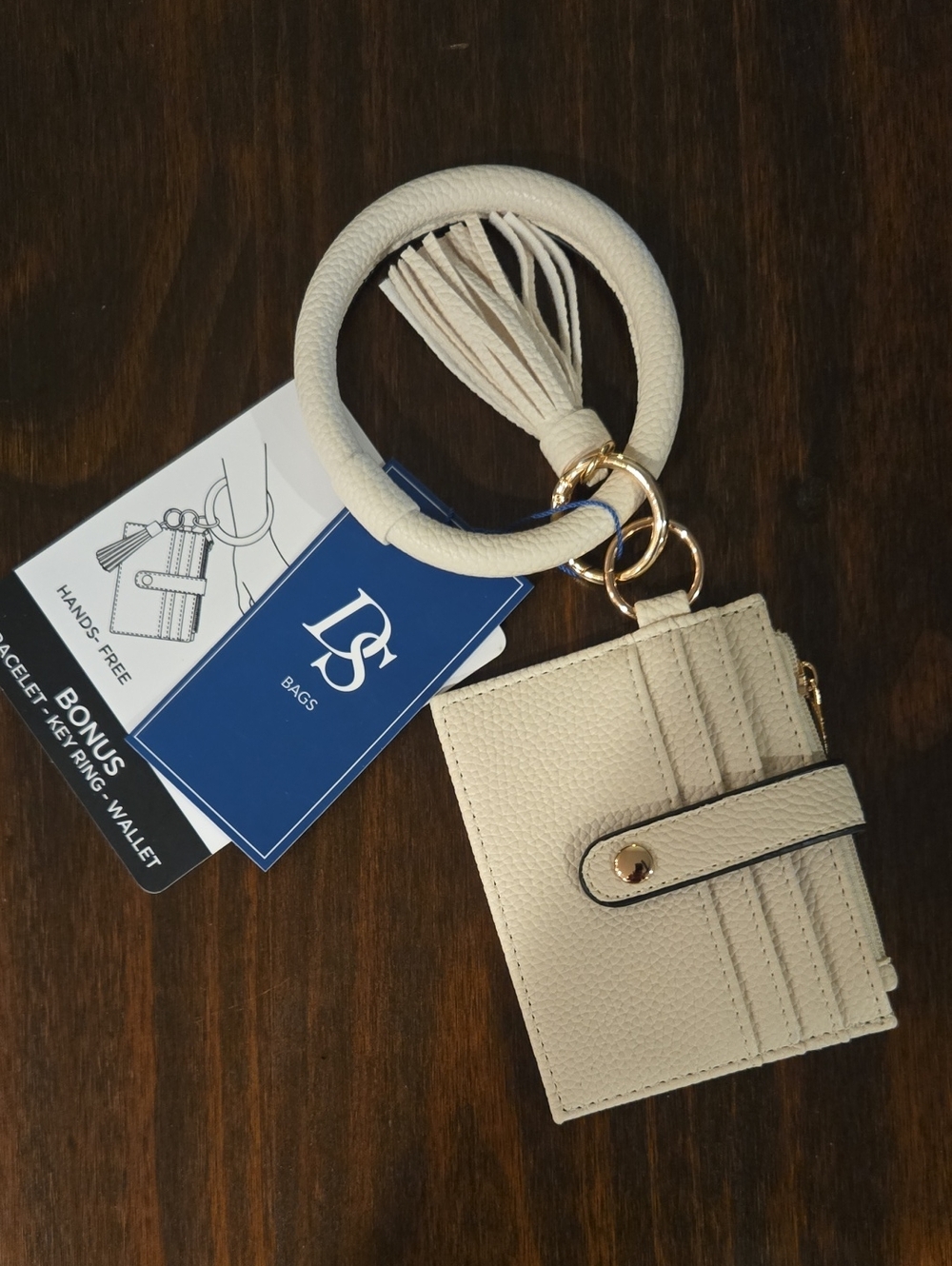 Cream Wristlet Card Holder with Tassel Key Ring